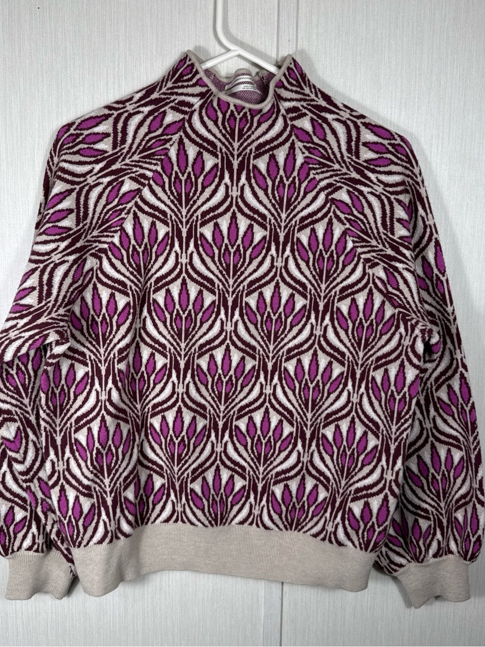 Anthropologie M Botanical Jacquard Mock Neck Sweater Plum Mauve Art Nouveau